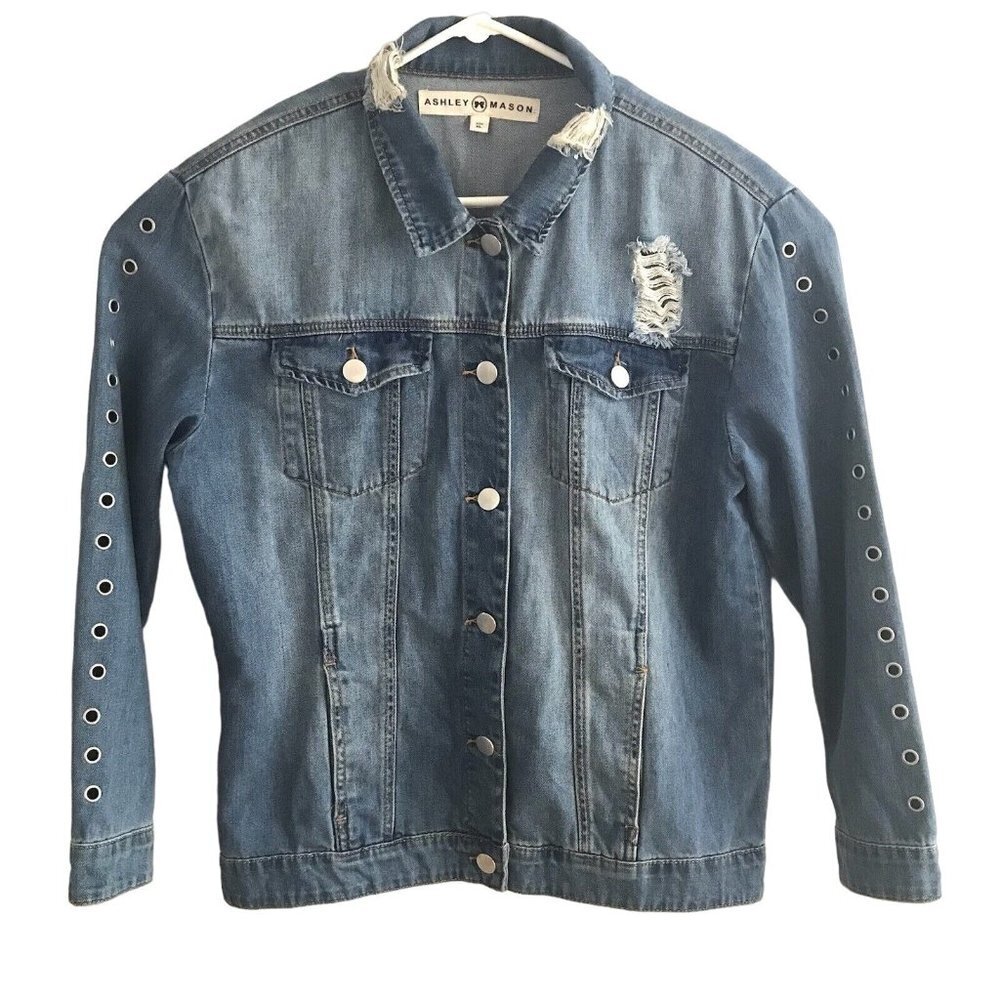 Women's Ashley Mason SZ XL Denim Blue Jean Jacket Distressed Eyelets Long Sleeve